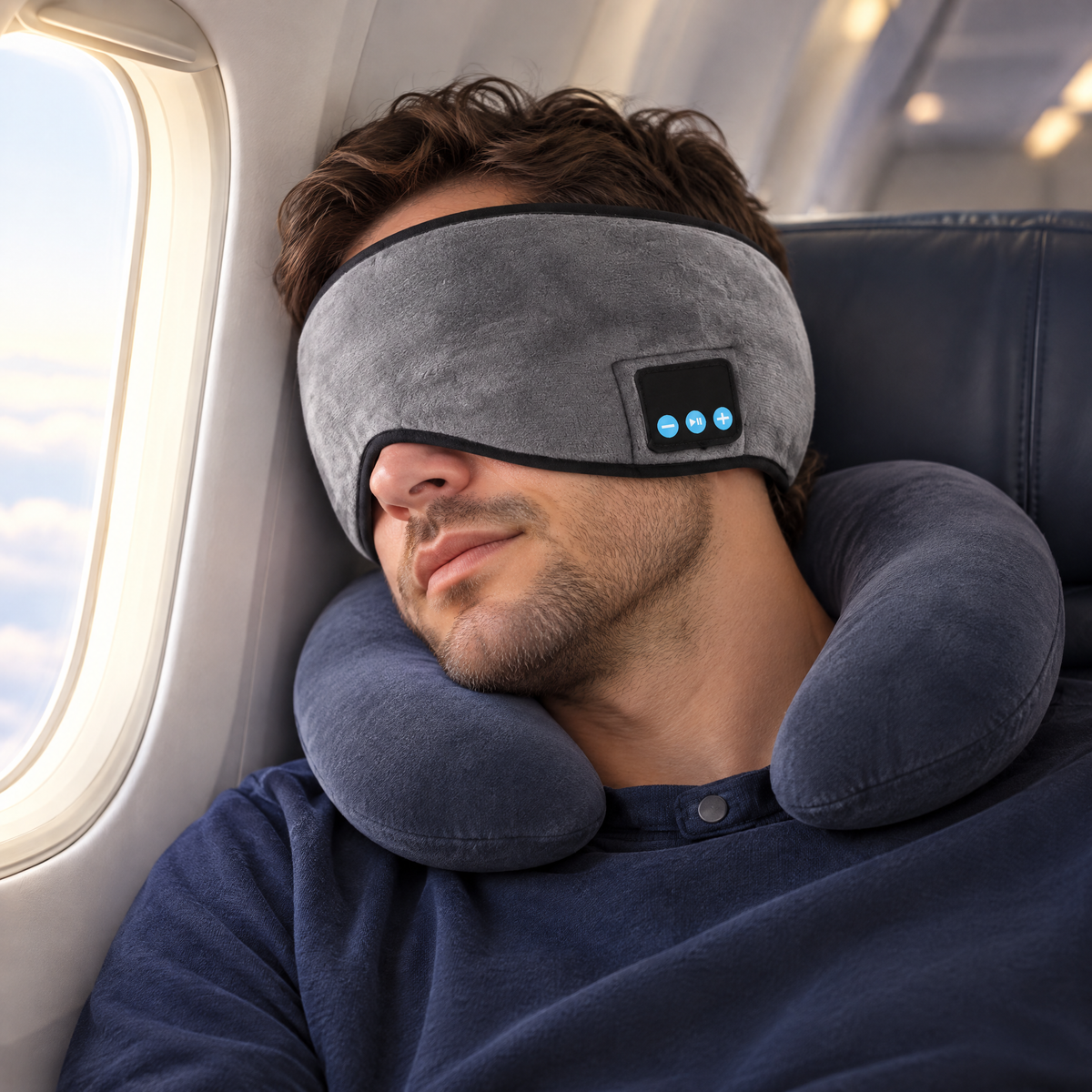 A man sleeping on his side in an airplane seat wearing the mask.