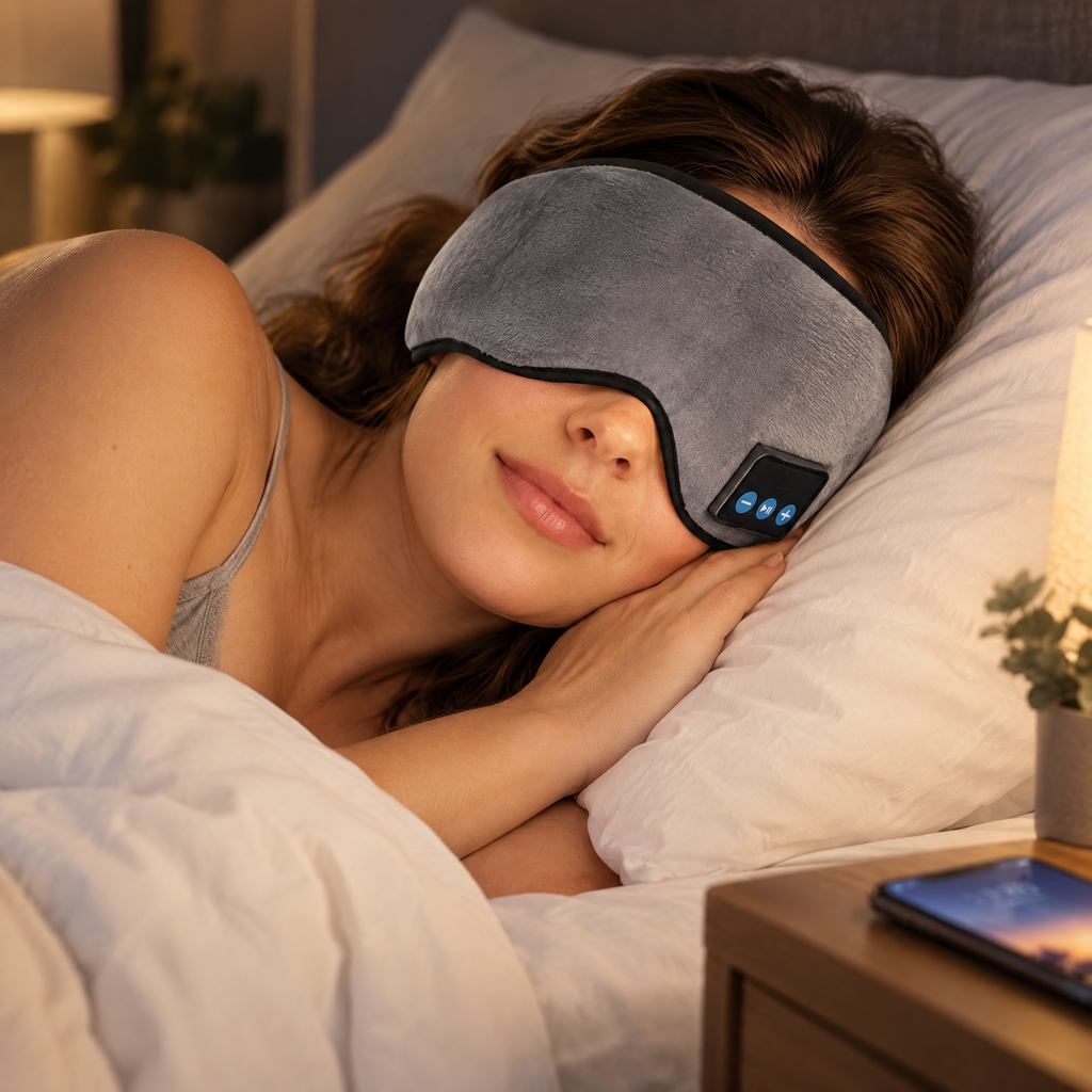 Woman asleep on her side wearing the Drift sleep headphones mask