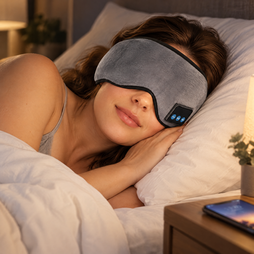 Woman asleep on her side wearing the Drift sleep headphones mask