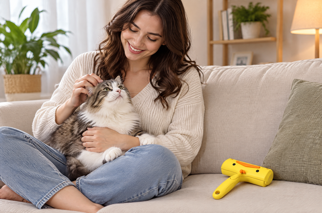 Woman with her cat on a hair-free sofa
