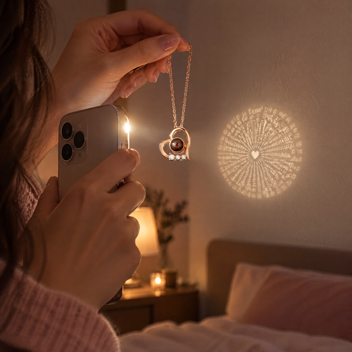 Phone light shining through the pendant stone, projecting tiny I love you words onto a wall