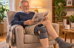 Man reading with the heated wrap on his knee