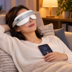 Woman relaxing on a sofa wearing the Lull eye massager