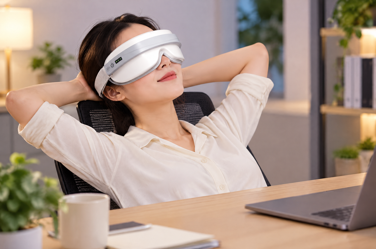 An office worker relaxing with the eye massager.