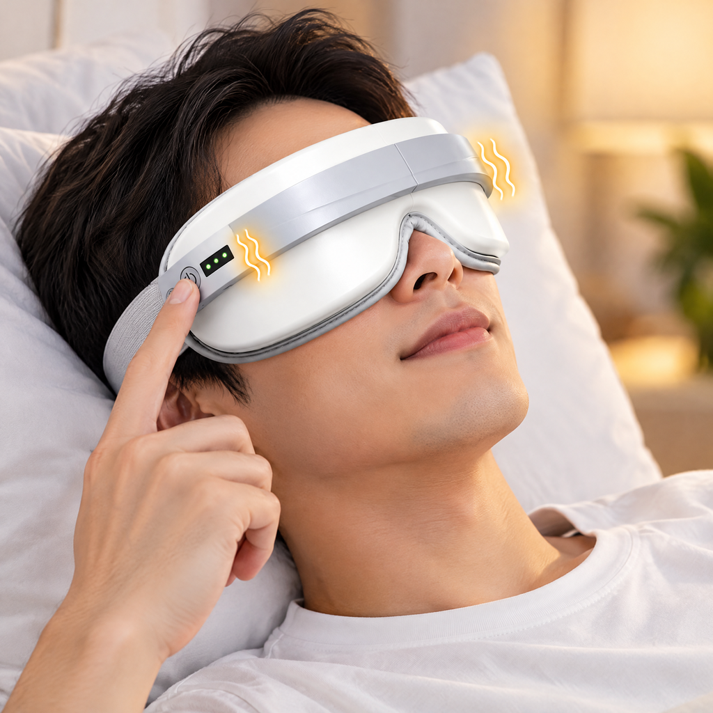 Man pressing the button on the eye massager