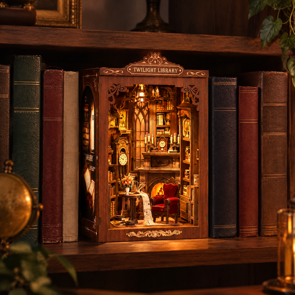 Glowing Twilight Library book nook between books on a shelf