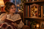 Woman reading in an armchair smiling at the glowing book nook on her shelf