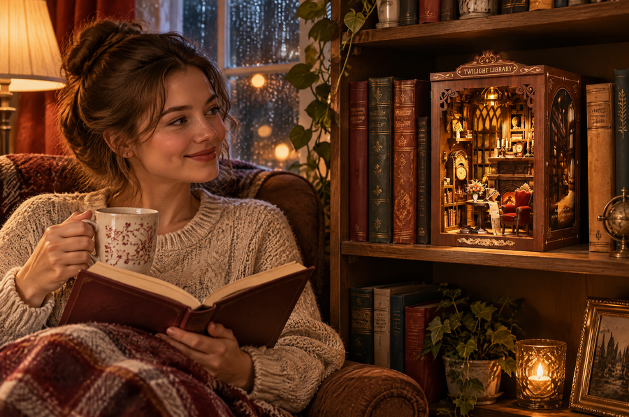 The glowing book nook between books on a shelf.