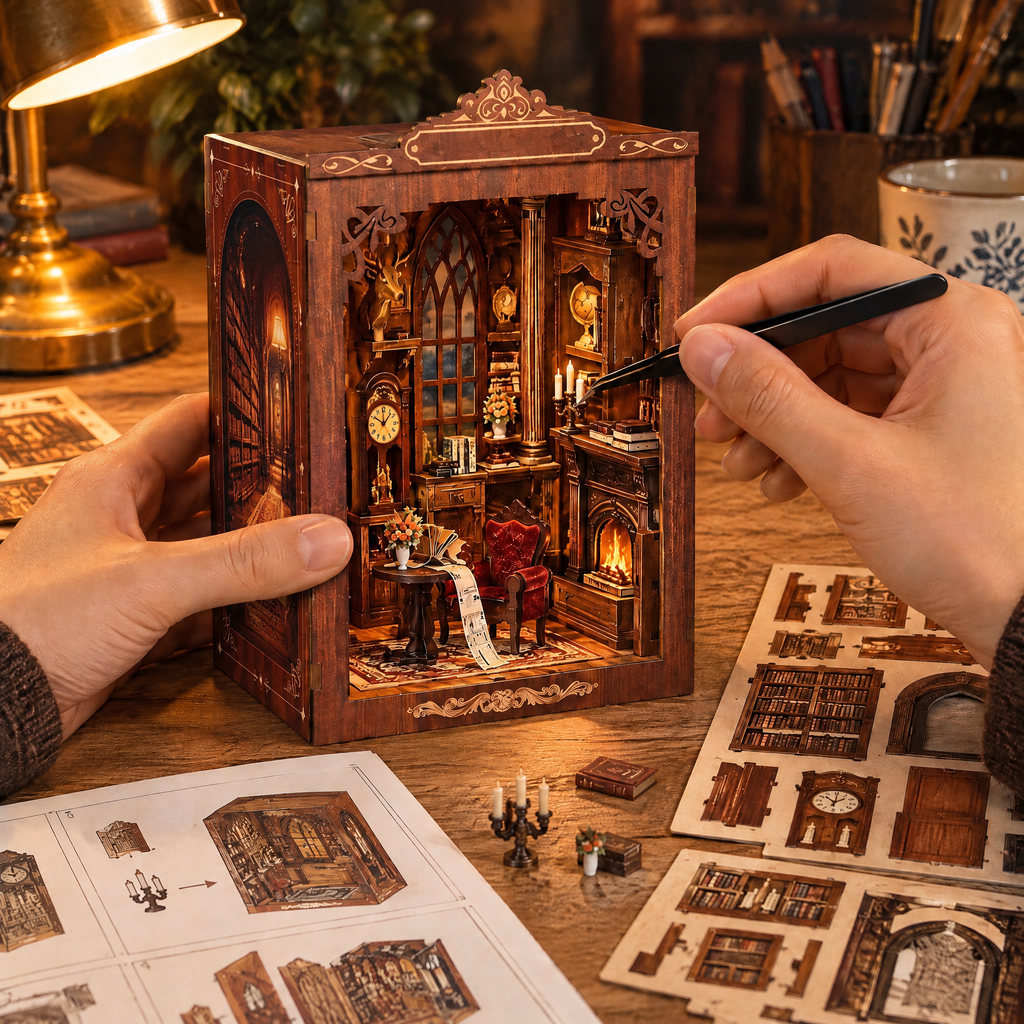Hands using tweezers to place a tiny candle inside the book nook