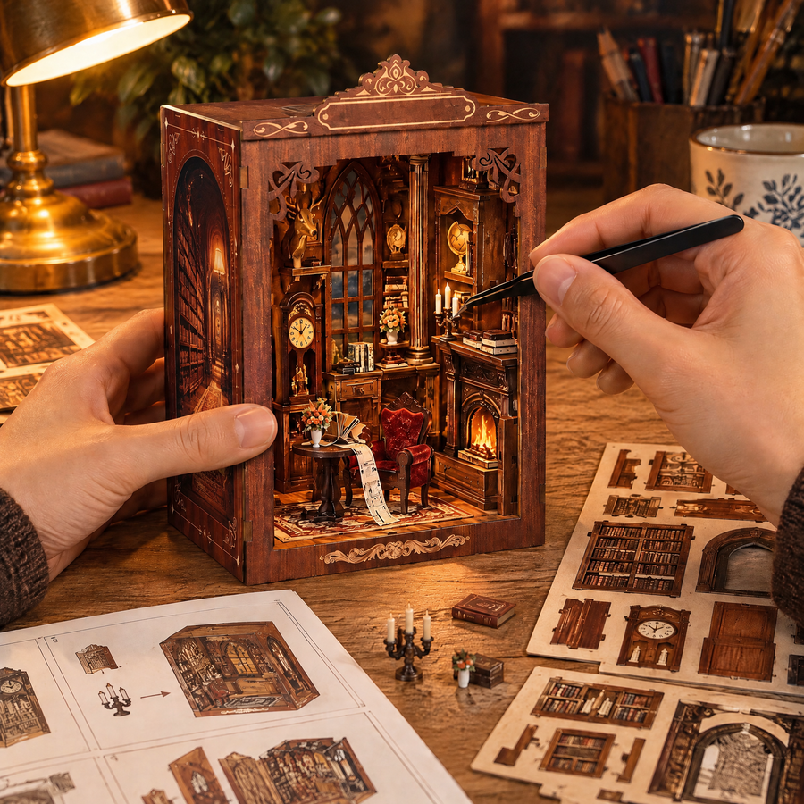 Hands using tweezers to place a tiny candle inside the book nook.