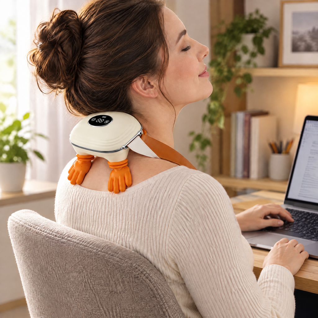 Woman relaxing with the Palma massager kneading her neck