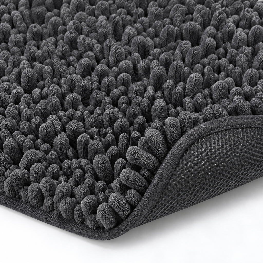 Chenille tufts and rubber anti-slip backing up close