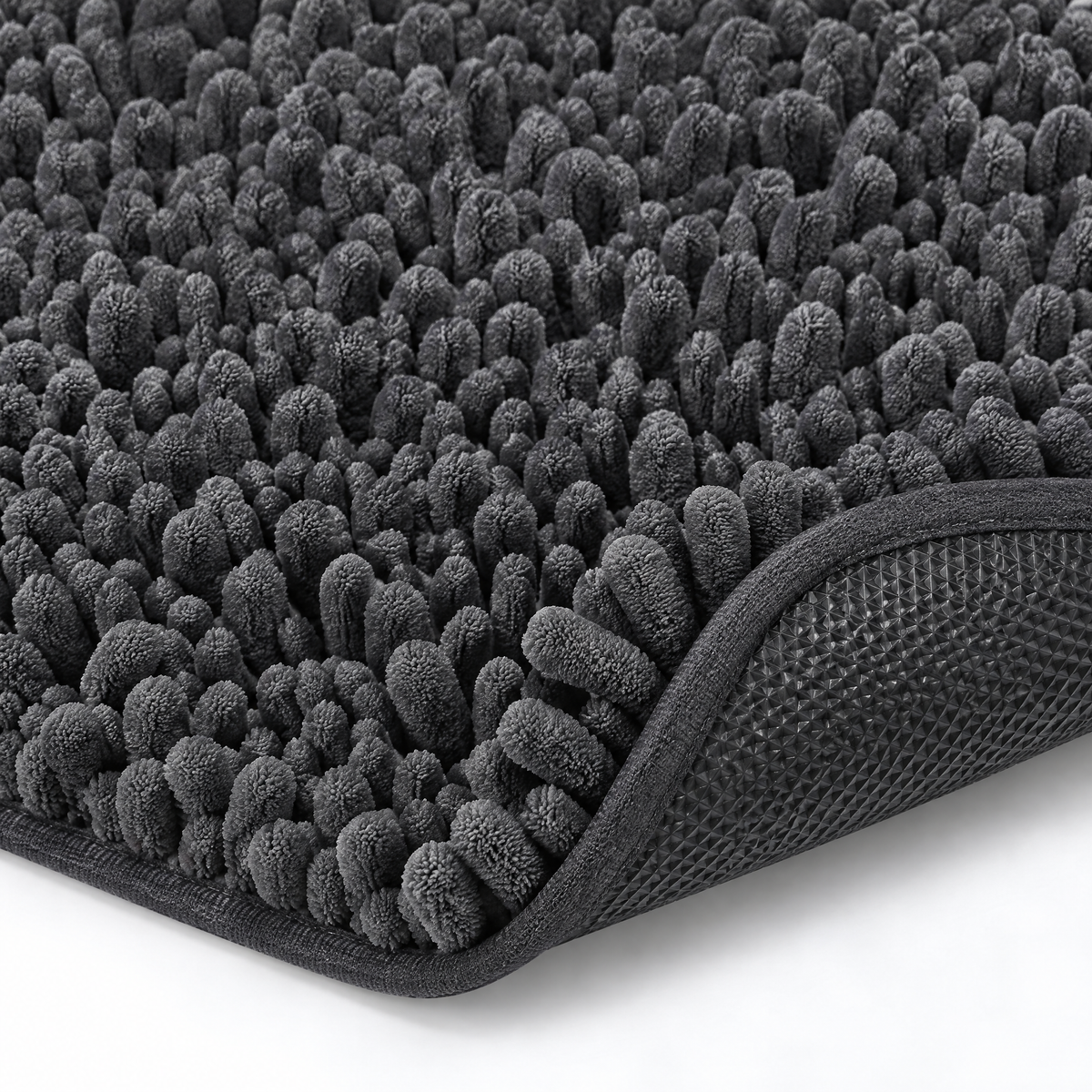 Chenille tufts and rubber anti-slip backing up close