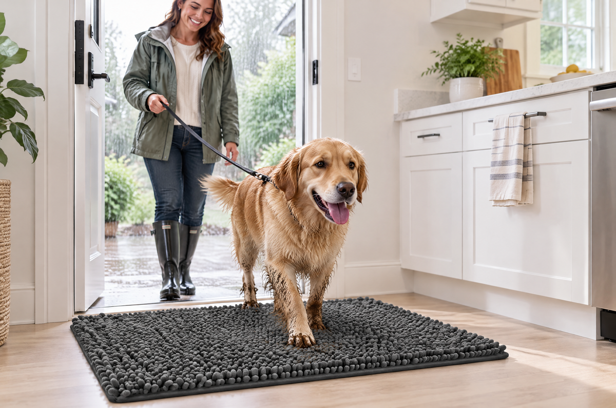 Woman and muddy dog walking across the mat into a clean kitchen