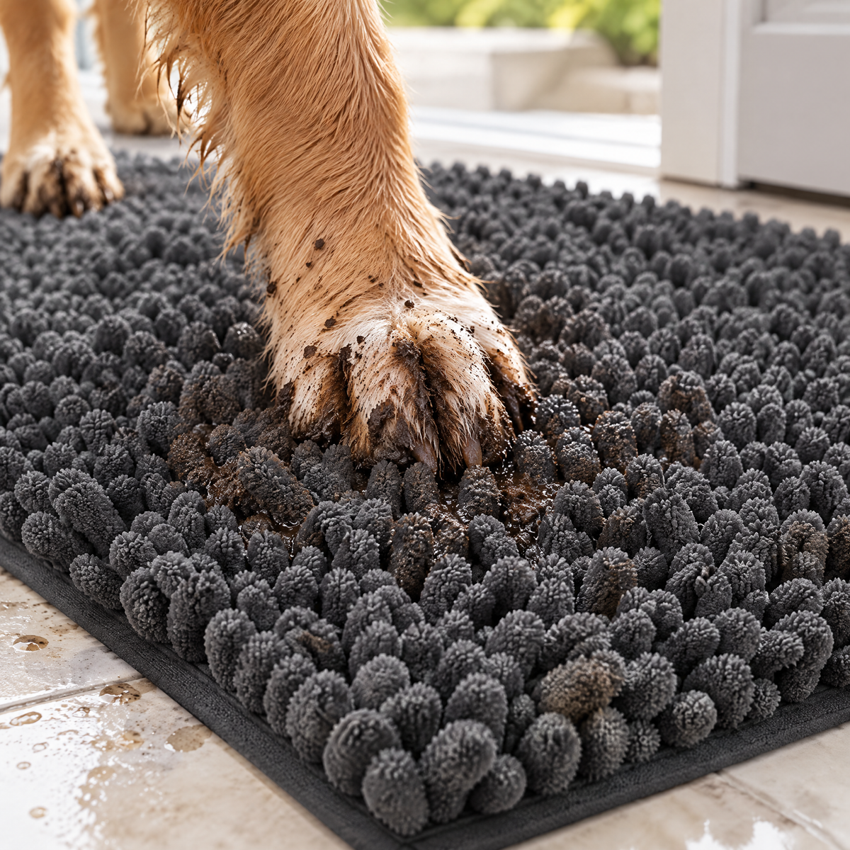 Muddy paw pressing into the thick chenille tufts