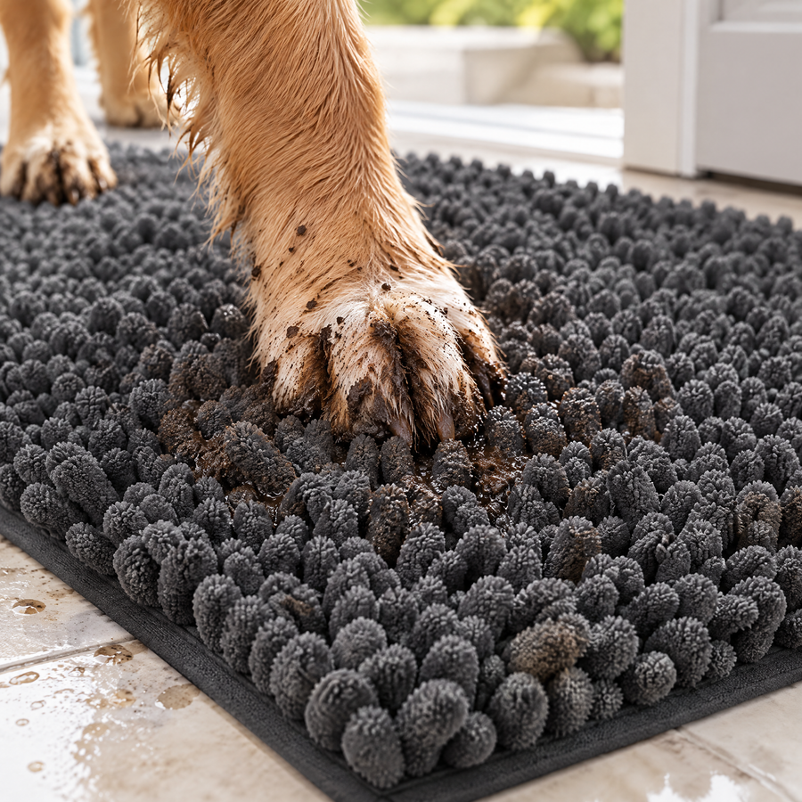 A muddy paw pressing into the chenille tufts.