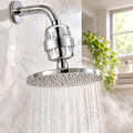 Purl filter installed between shower arm and head with water flowing