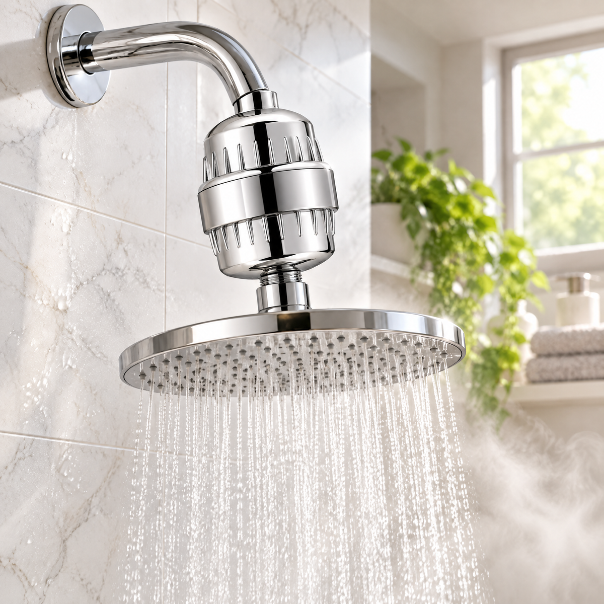 Purl filter installed between shower arm and head with water flowing