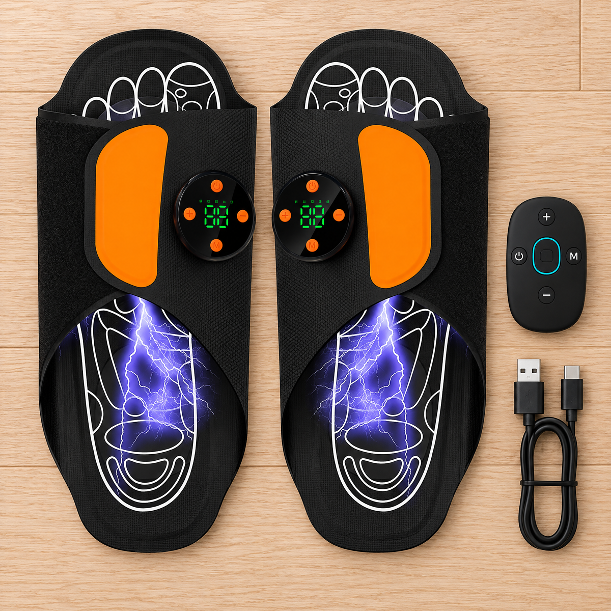 The two EMS foot pads with remote control and USB cable.