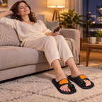 Woman relaxing with her feet on the glowing Solace EMS pads