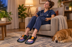 Nurse relaxing after a shift with her feet on the pads
