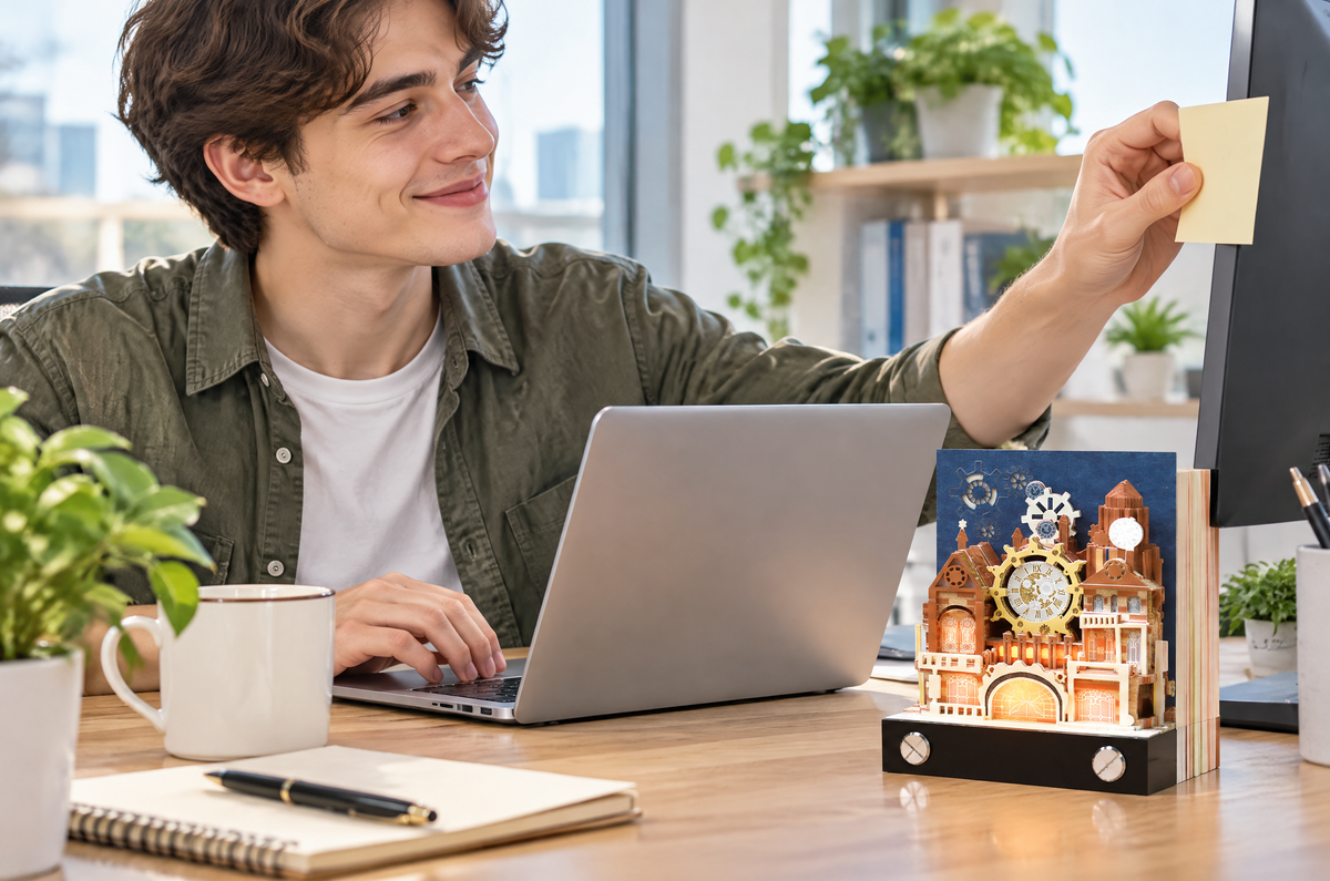Man sticking a note on his monitor beside the partly revealed memo block