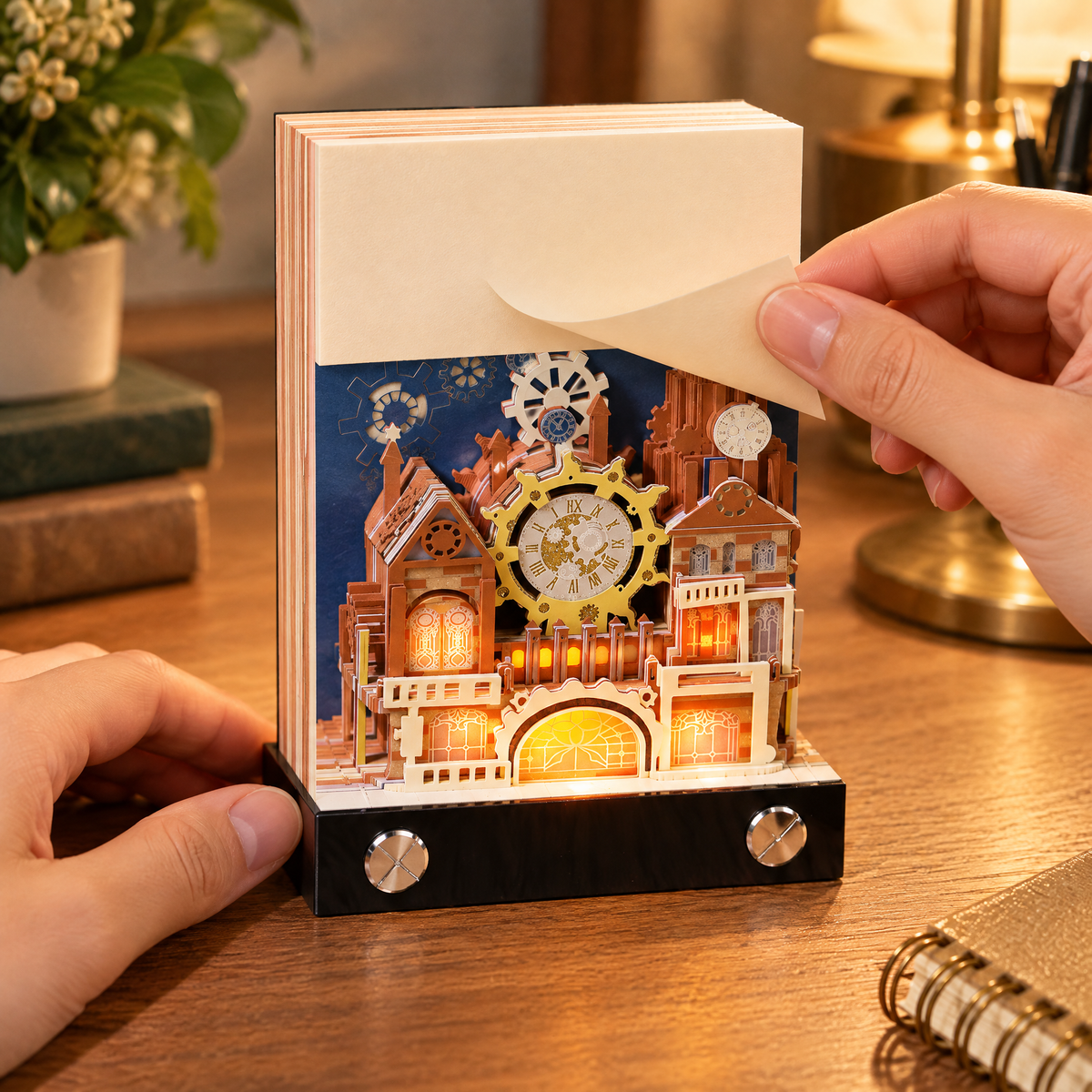 Fingers peeling a note off the half-revealed clocktower memo block